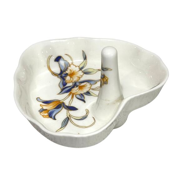 Aynsley Just Orchids heart shaped ring dish bone china floral yellow white blue - Picture 6 of 8